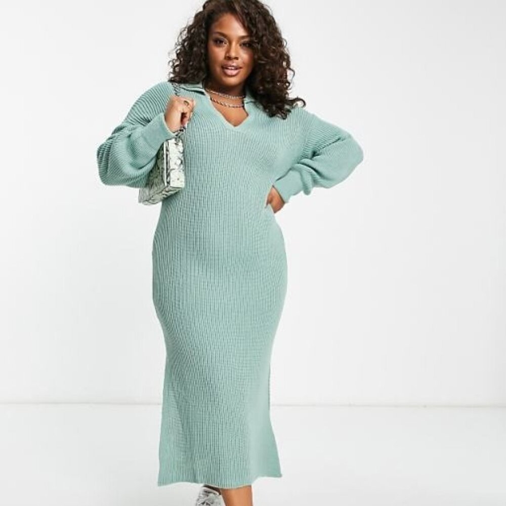 In The Style Plus exclusive knitted collar detail midi dress in sage Size 14